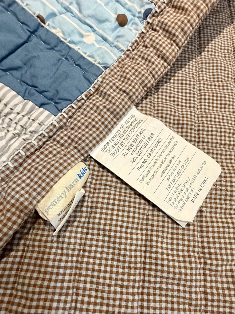 Vintage Pottery Barn Kids Crib quilt bedding set with gingham print